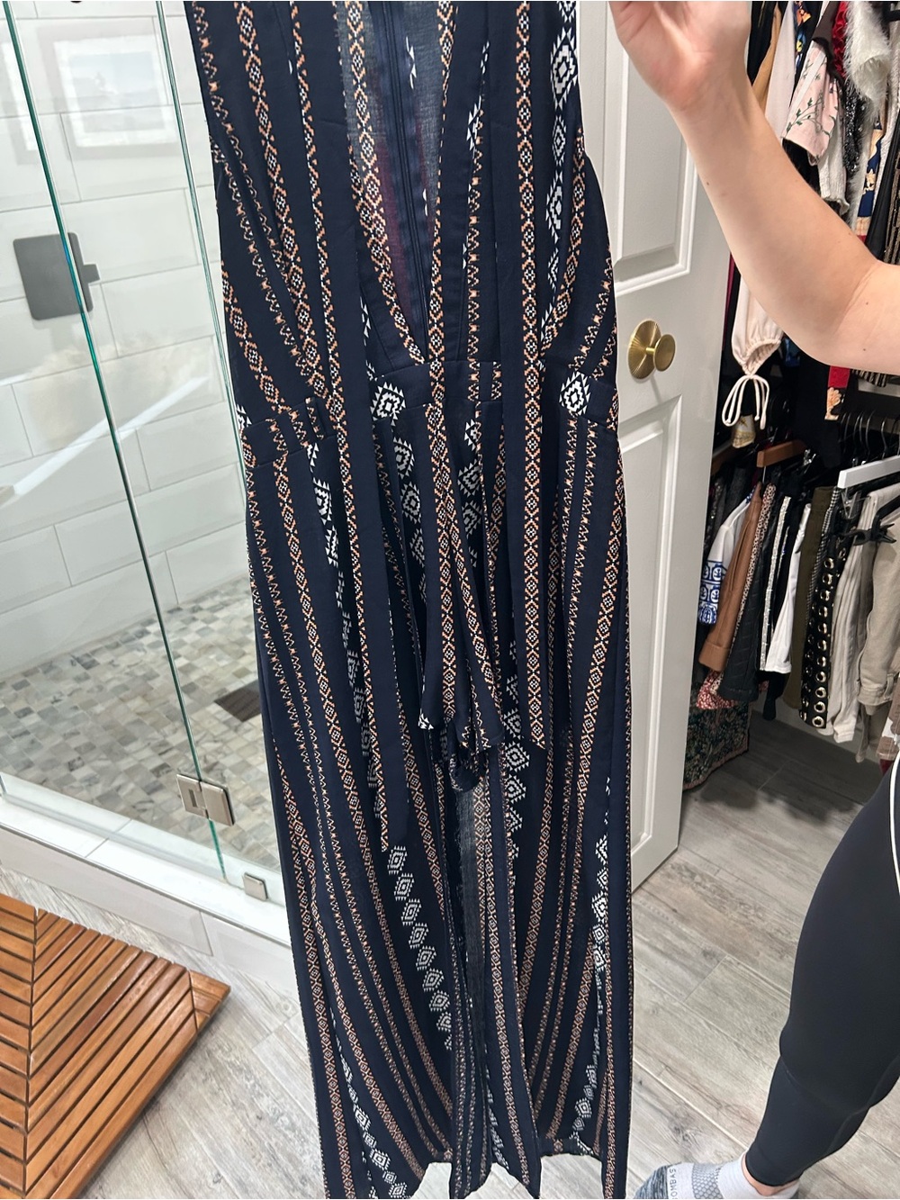L'ATISTE Navy Blue Maxi Dress with Tan Geometric Stripes